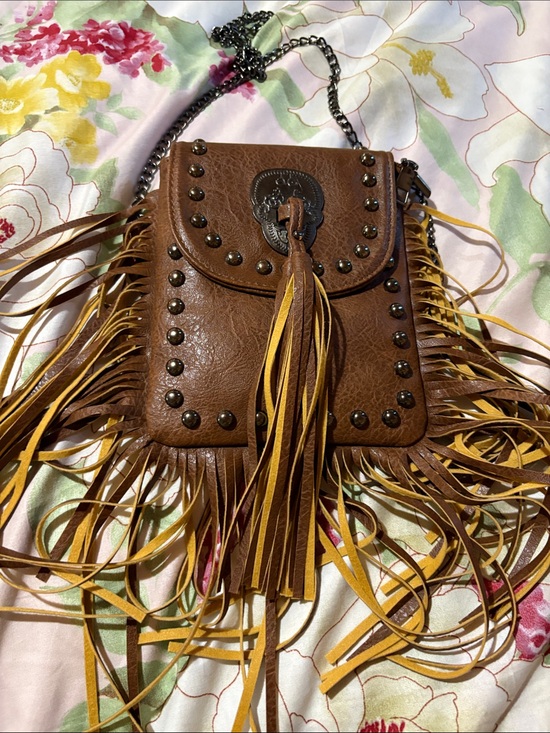Source Unknown Handbags - Source Unknown Brown Faux-Leather Fringe Crossbody with Tassel and Studs